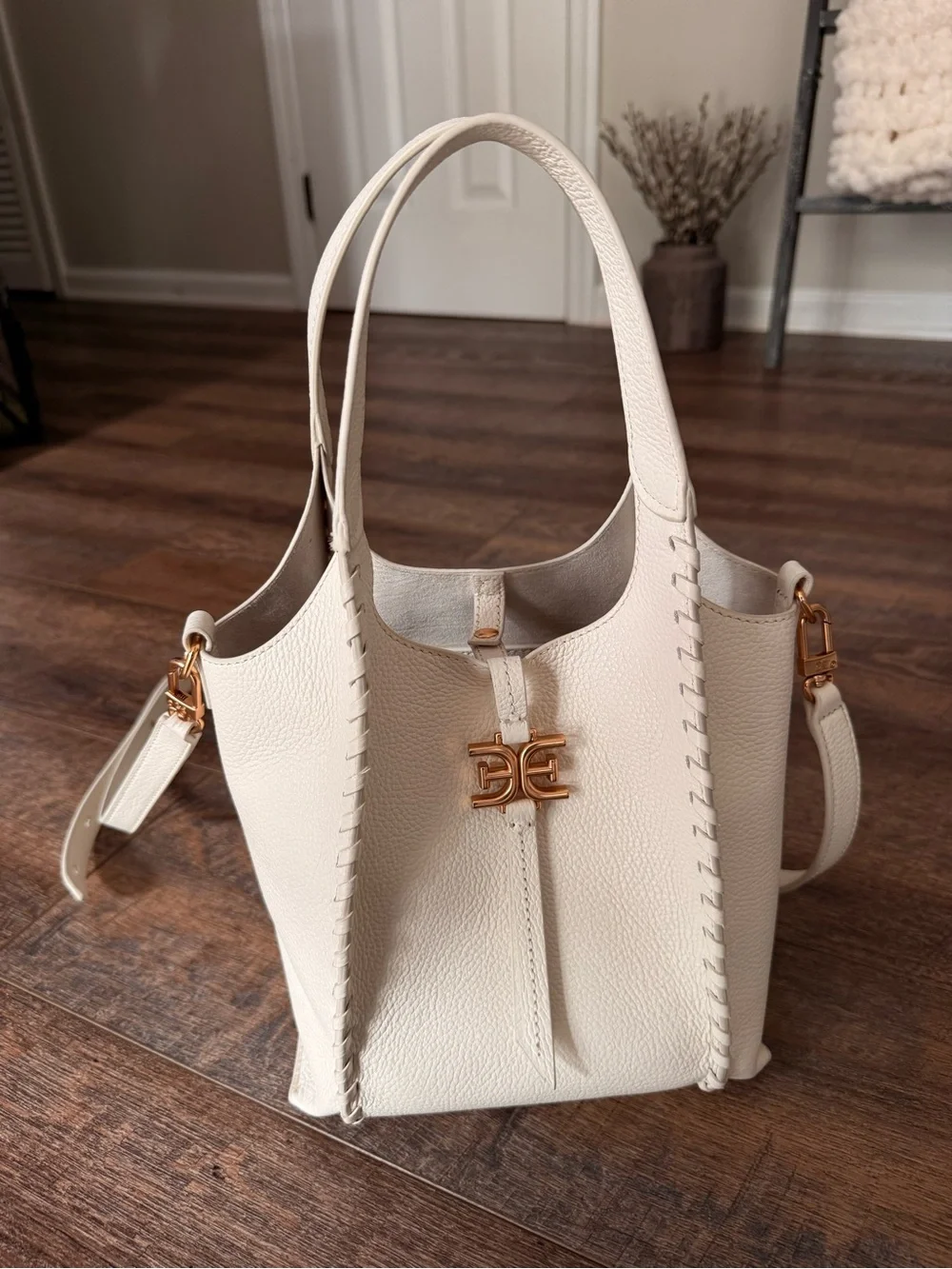 Sam Edelman Cream Leather Tote with Gold Logo Accent